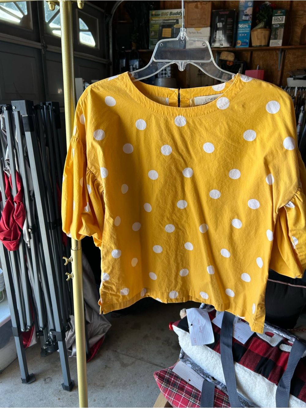 LOFT Yellow White Polka Dot Puff-Sleeve Top 100% Cotton